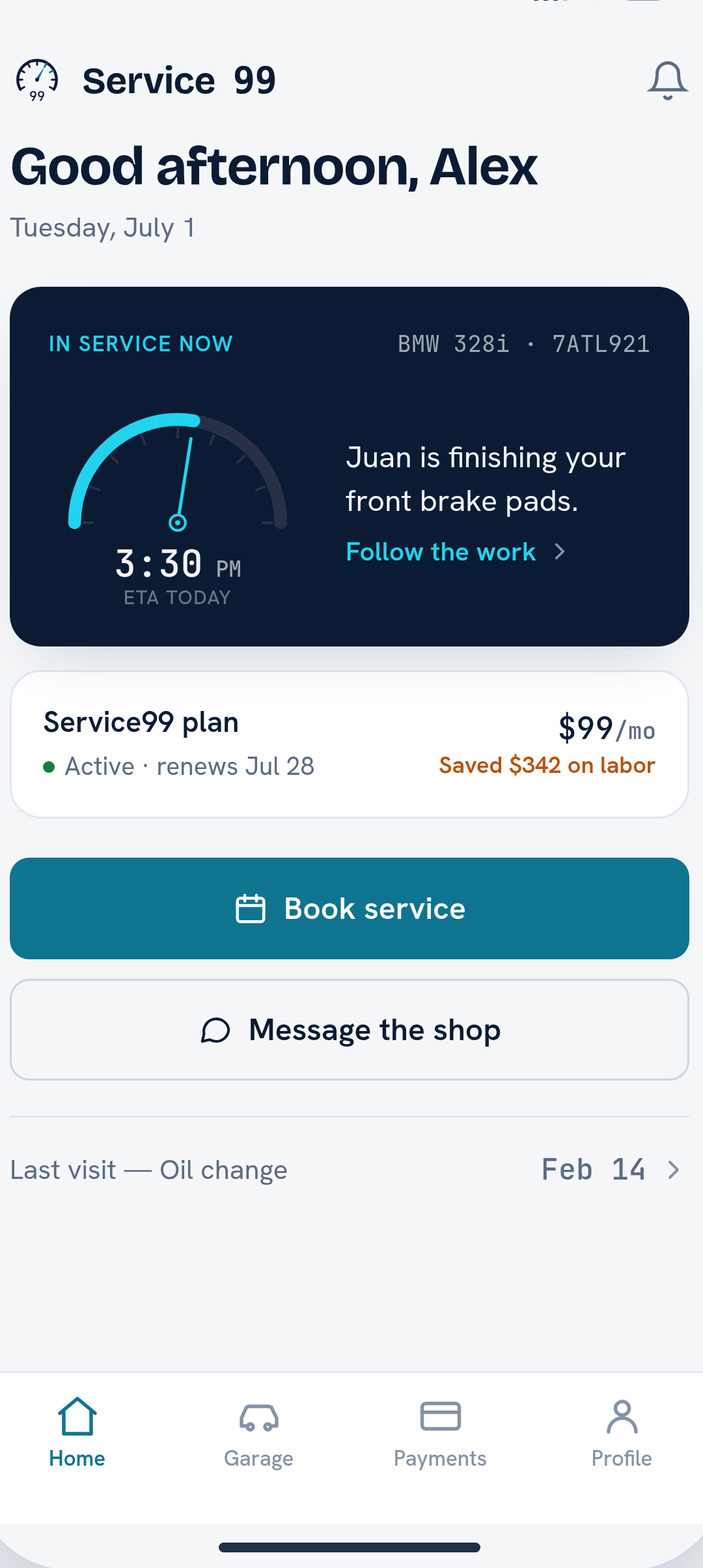 App de Service99 — pantalla de inicio de la membresía.